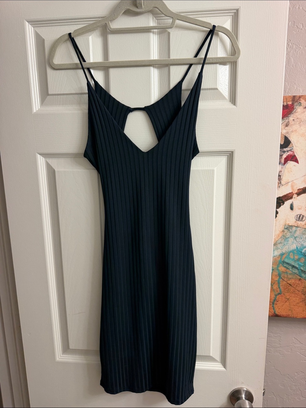Sleek Navy Blue Ribbed Lined Liw Cut Mini Dress with Strappy Back